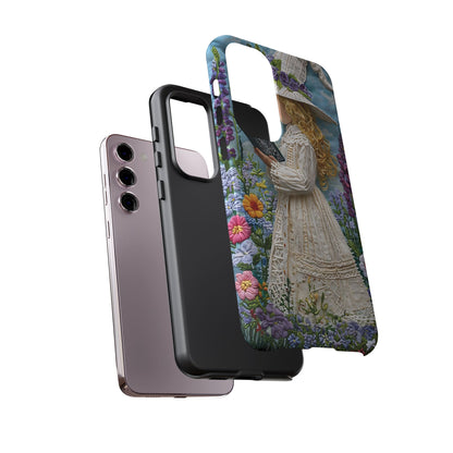 Whimsical Embroidery Of A Girl Reading In A Garden phone case design.