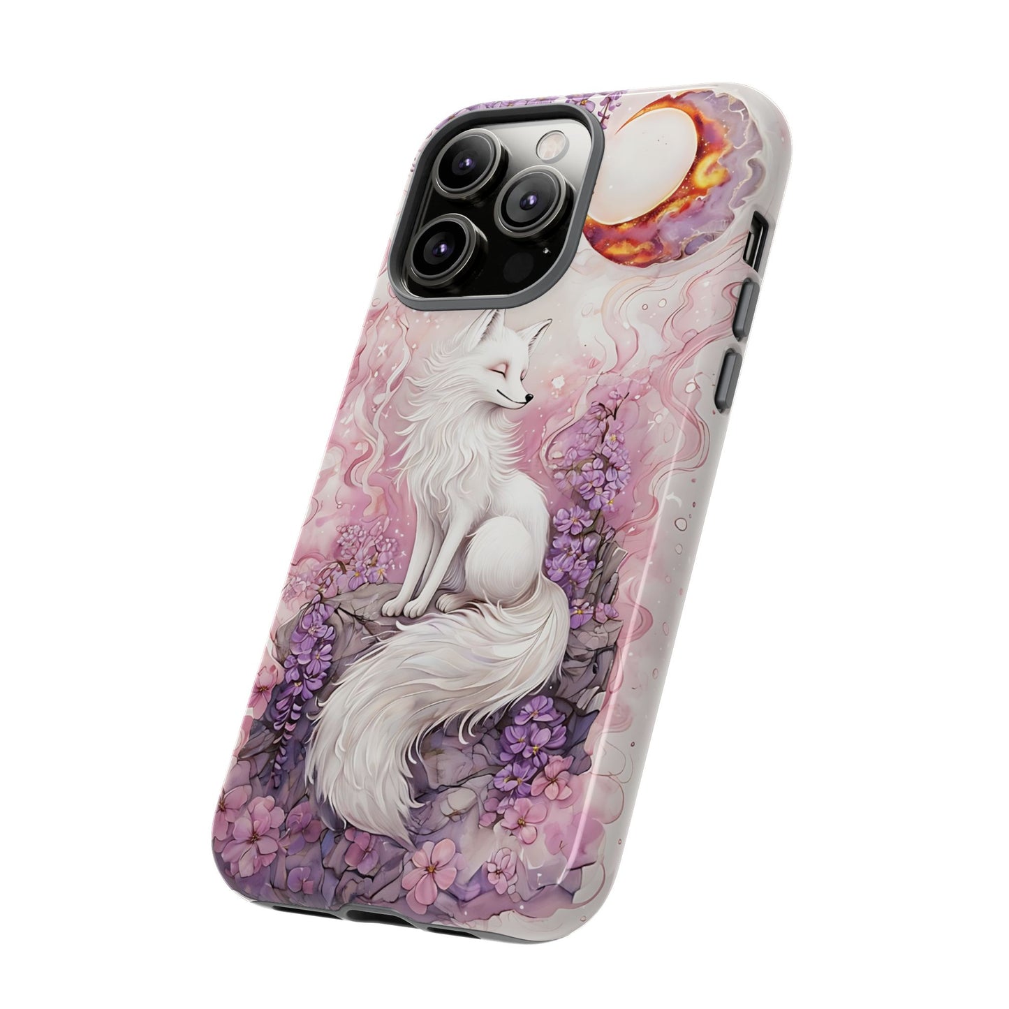Whimsical White Fox Surrounded By Lavender And Pink Blooms phone case design.
