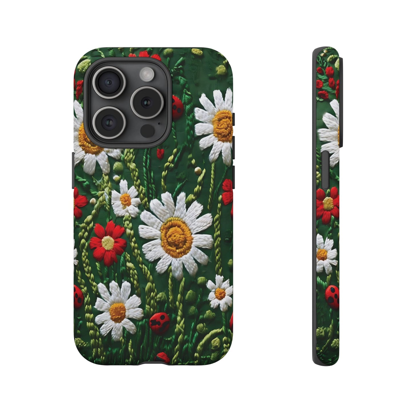 Intricate Embroidered Fabric Featuring Daisies And Ladybugs phone case design