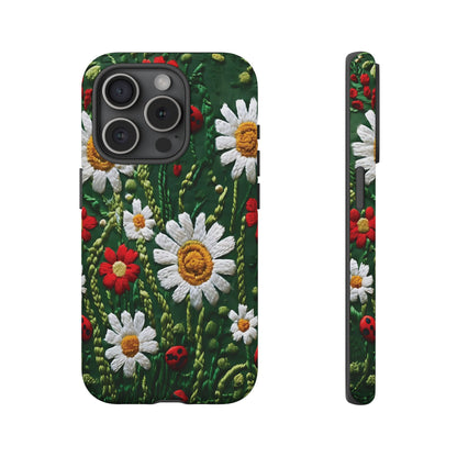 Intricate Embroidered Fabric Featuring Daisies And Ladybugs phone case design