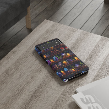 Fantasy Seamless Pattern Of Wooden Shelves Filled With Mystical Items phone case design.
