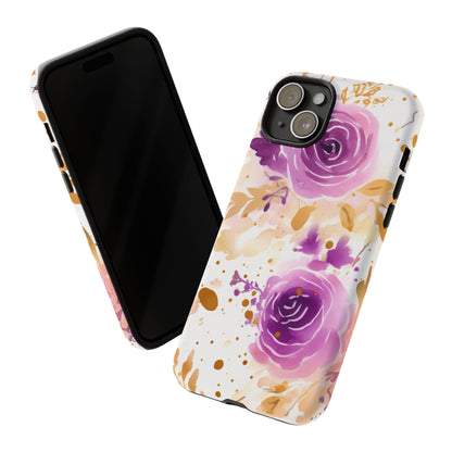 Purple Bloom Watercolor Mobile Case – Artistic Elegance in Gold & Lilac