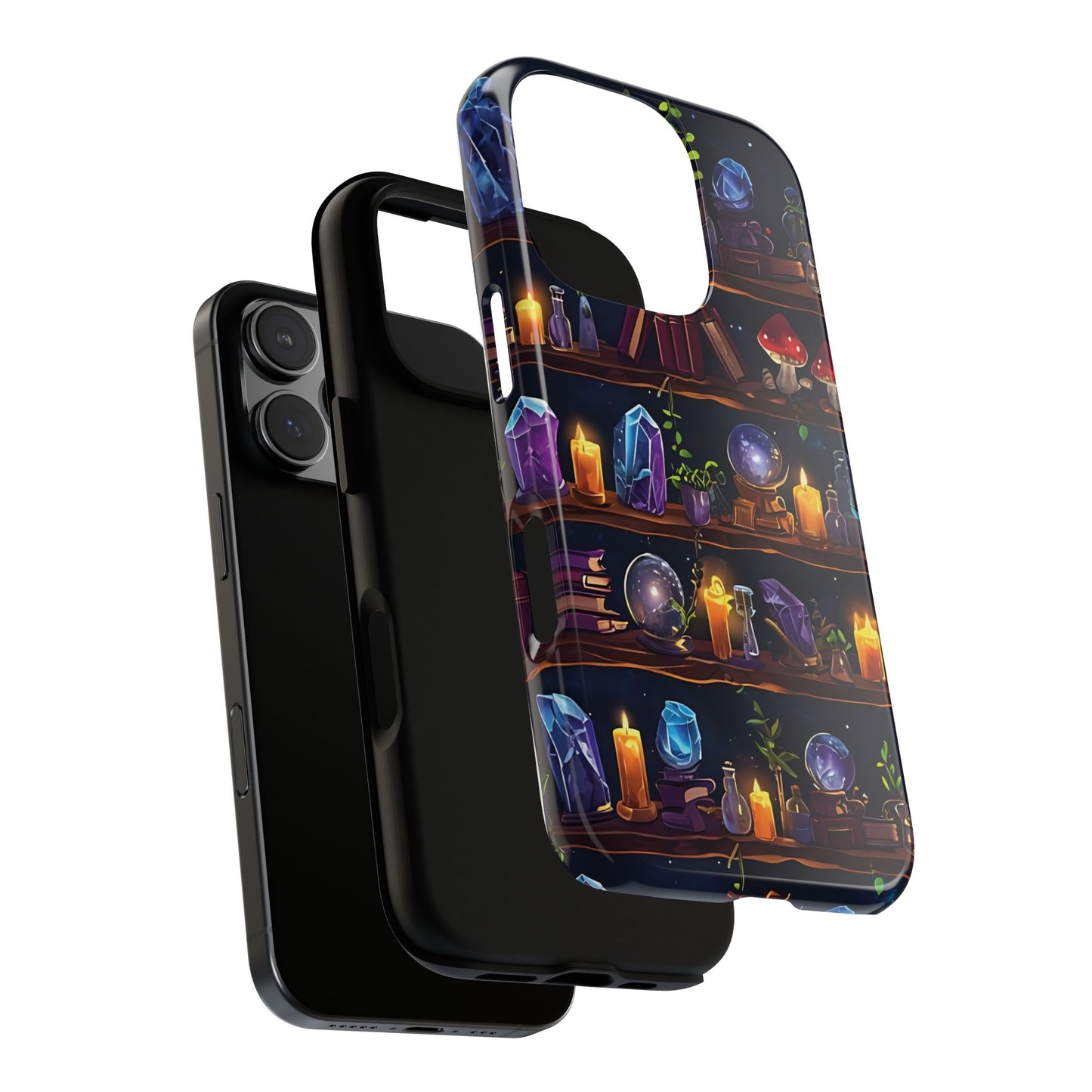 Fantasy Seamless Pattern Of Wooden Shelves Filled With Mystical Items phone case design.