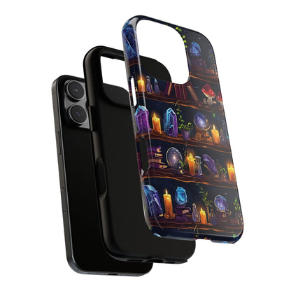 Fantasy Seamless Pattern Of Wooden Shelves Filled With Mystical Items phone case design.