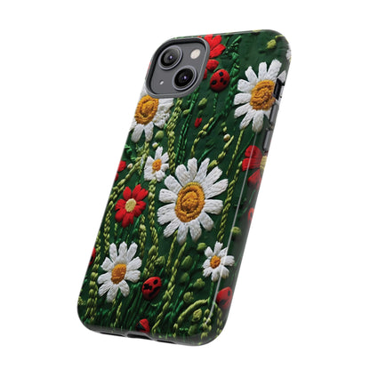 Intricate Embroidered Fabric Featuring Daisies And Ladybugs phone case design