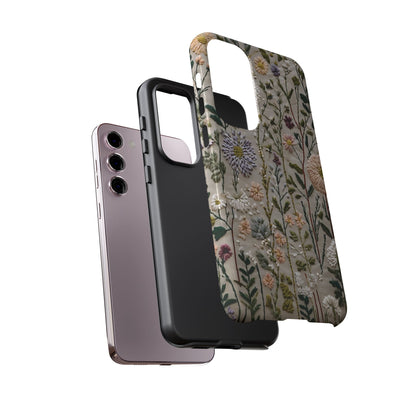 Intricate Embroidery Artwork Featuring Botanical Elements On Beige phone case design.