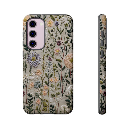 Intricate Embroidery Artwork Featuring Botanical Elements On Beige phone case design.
