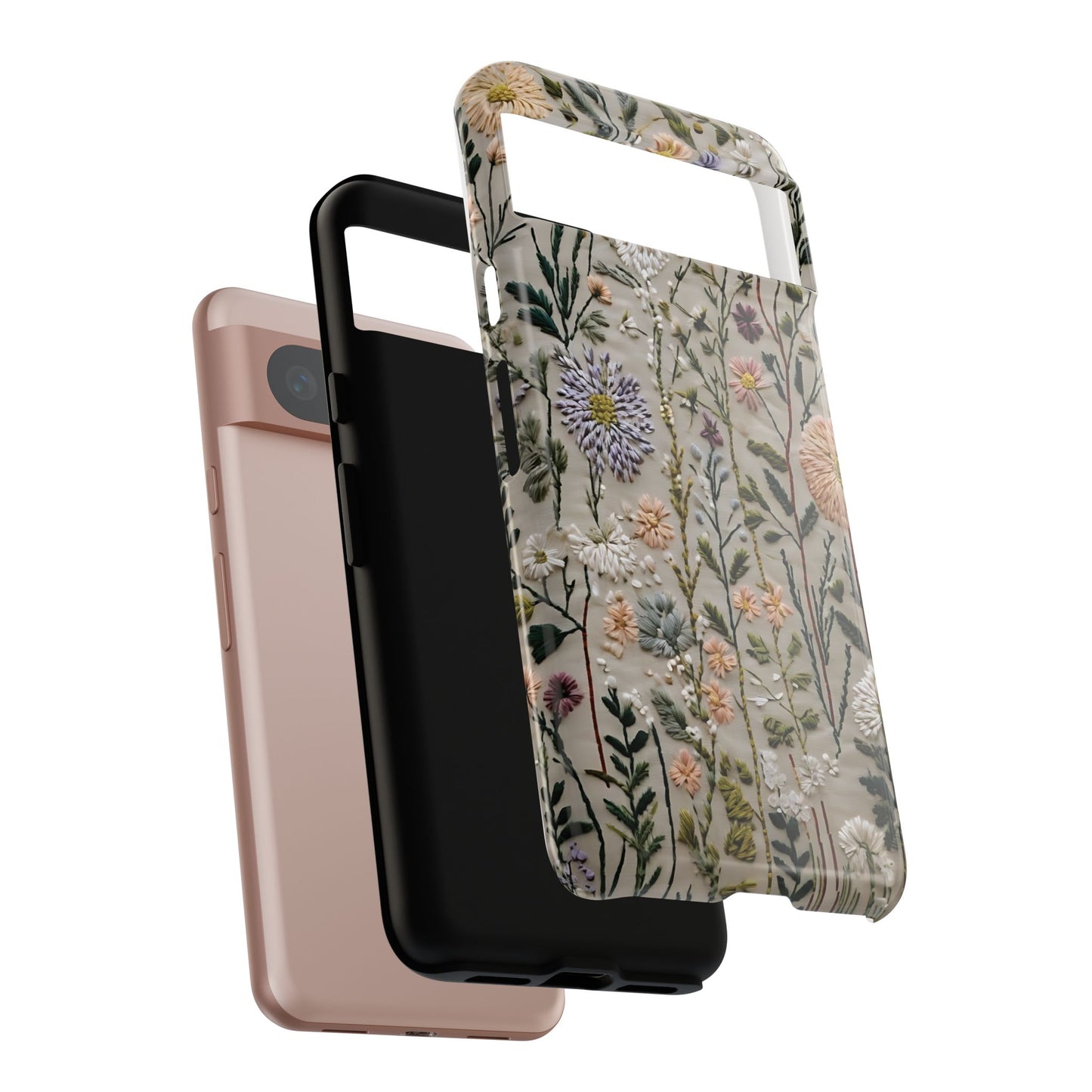 Intricate Embroidery Artwork Featuring Botanical Elements On Beige phone case design.