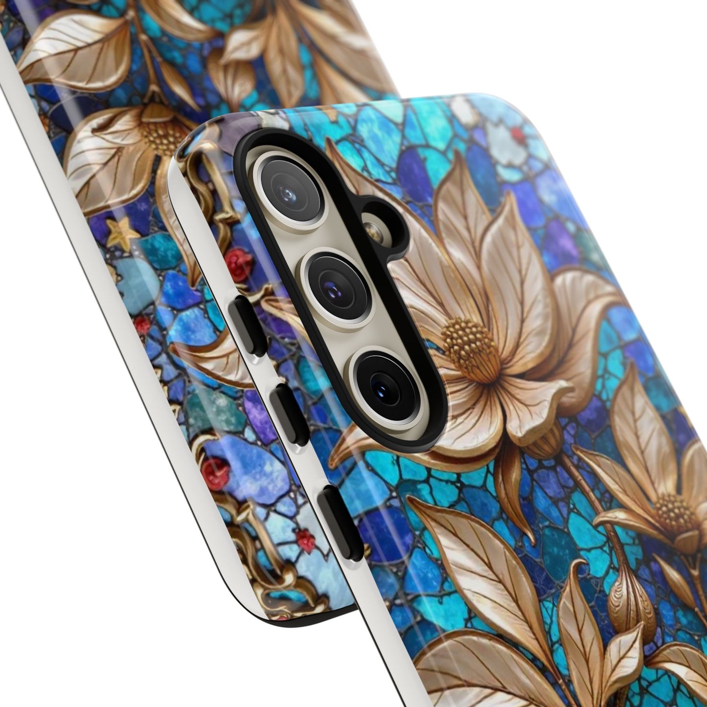 Golden Blossoms on Mosaic Blue Elegance