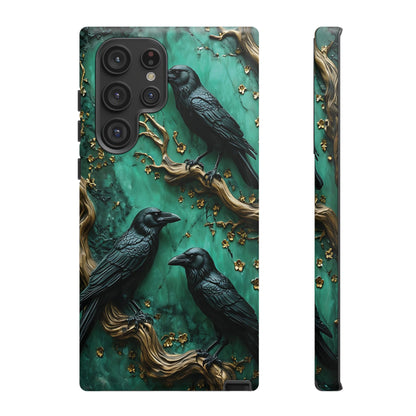 Three Black Ravens Perched On Gold-Accent Branches phone case design