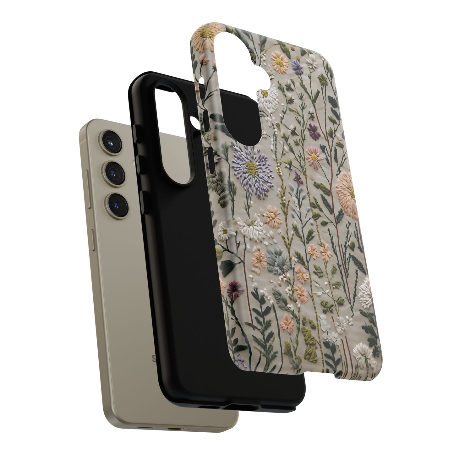 Intricate Embroidery Artwork Featuring Botanical Elements On Beige phone case design.