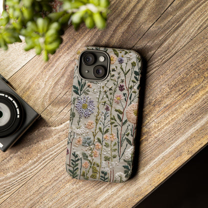 Intricate Embroidery Artwork Featuring Botanical Elements On Beige phone case design.