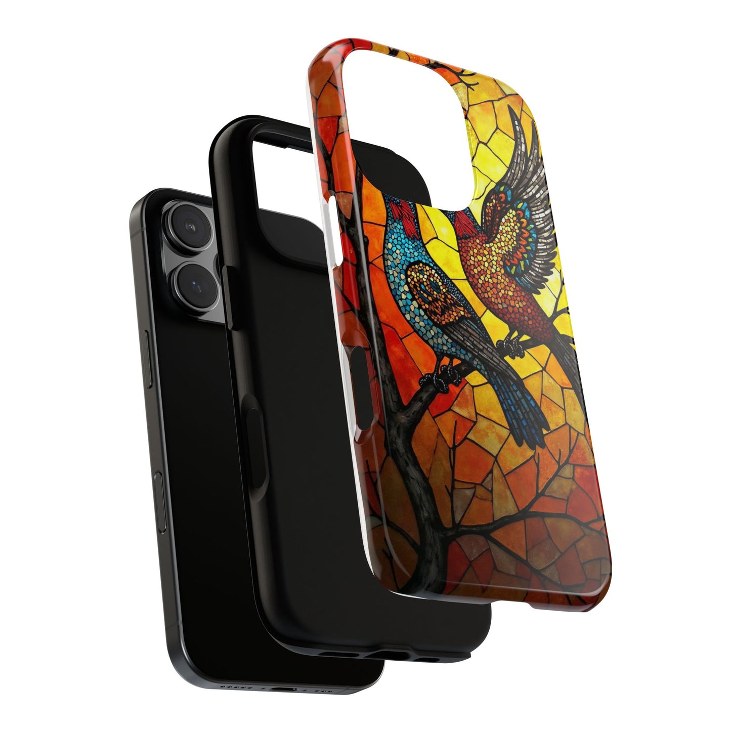 Vibrant Hummingbirds with Stained Glass Charm