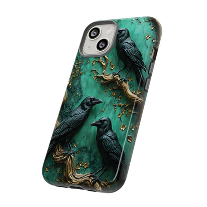 Three Black Ravens Perched On Gold-Accent Branches phone case design
