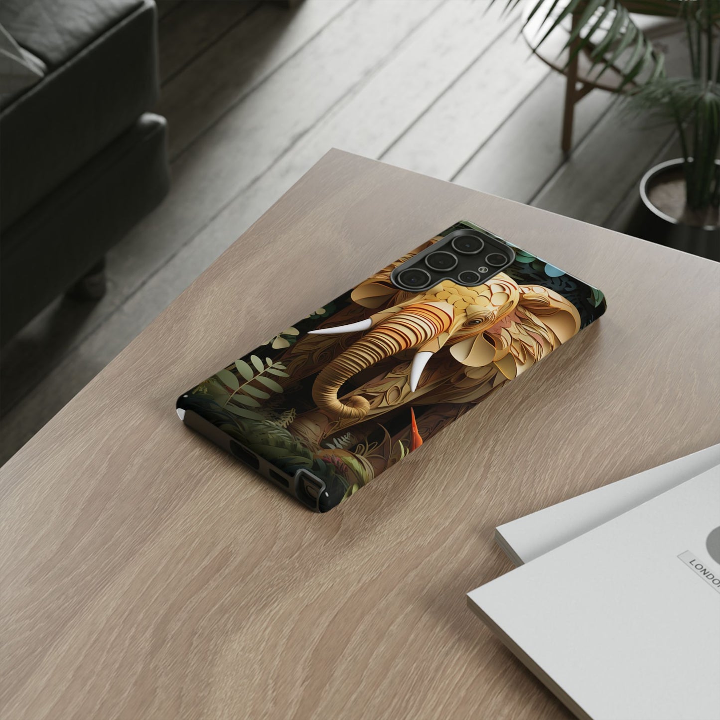 Golden Jungle Elephant Mobile Cover – Intricate Paper Art Design
