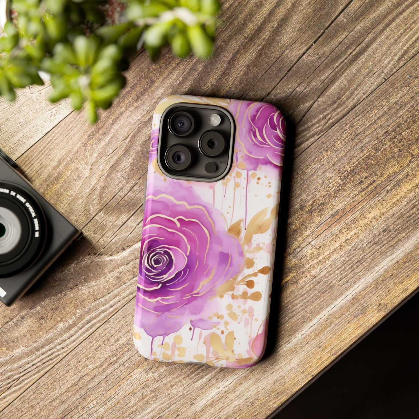 Elegant Purple-Gold Watercolor Rose Mobile Case