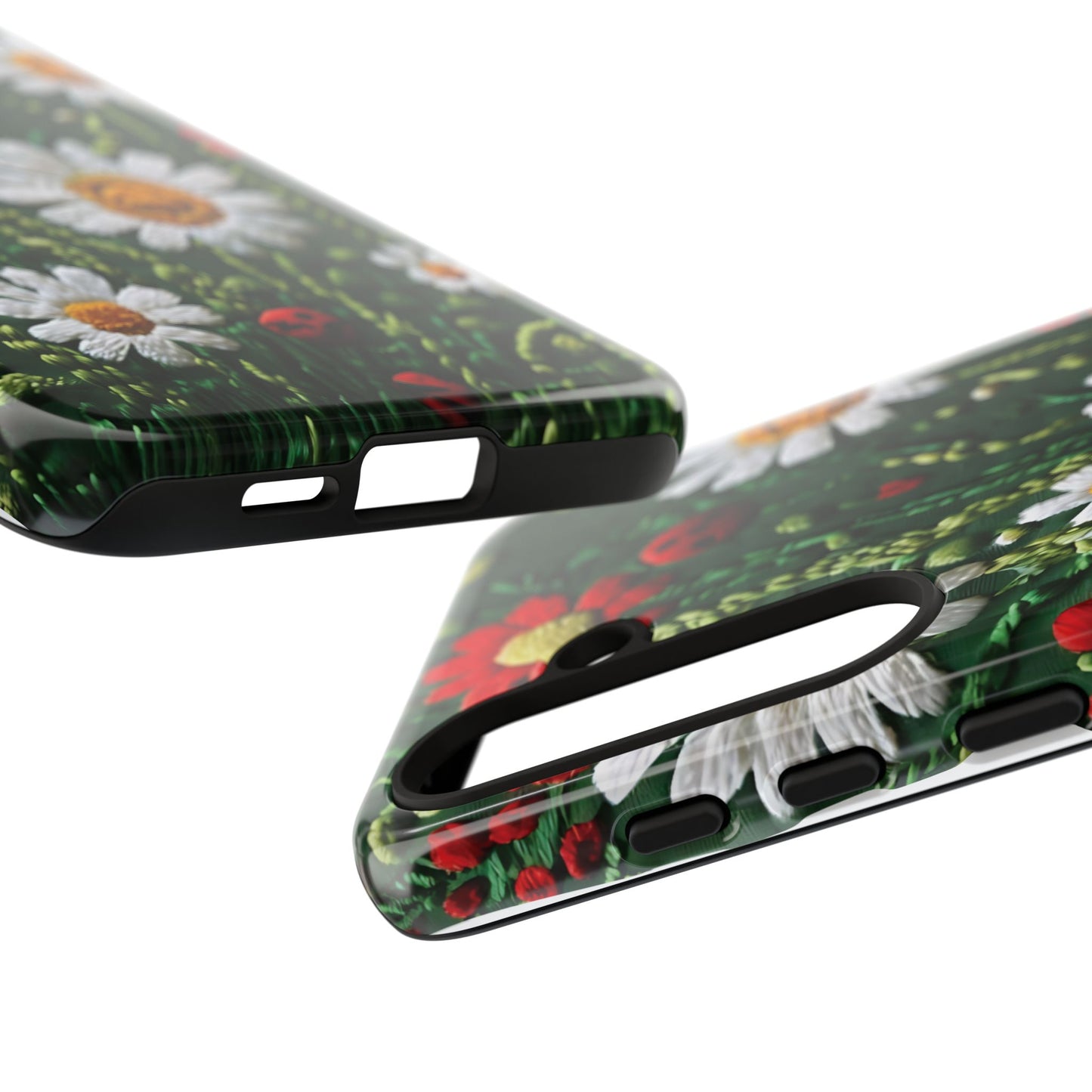 Intricate Embroidered Fabric Featuring Daisies And Ladybugs phone case design