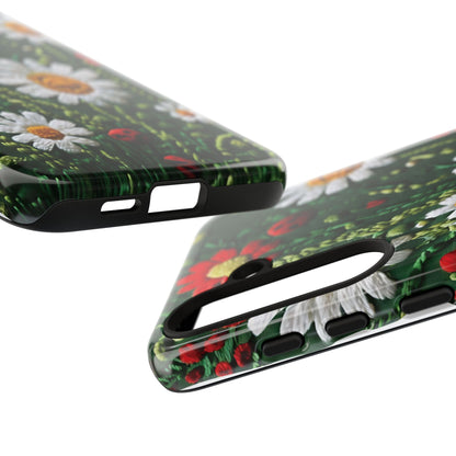 Intricate Embroidered Fabric Featuring Daisies And Ladybugs phone case design