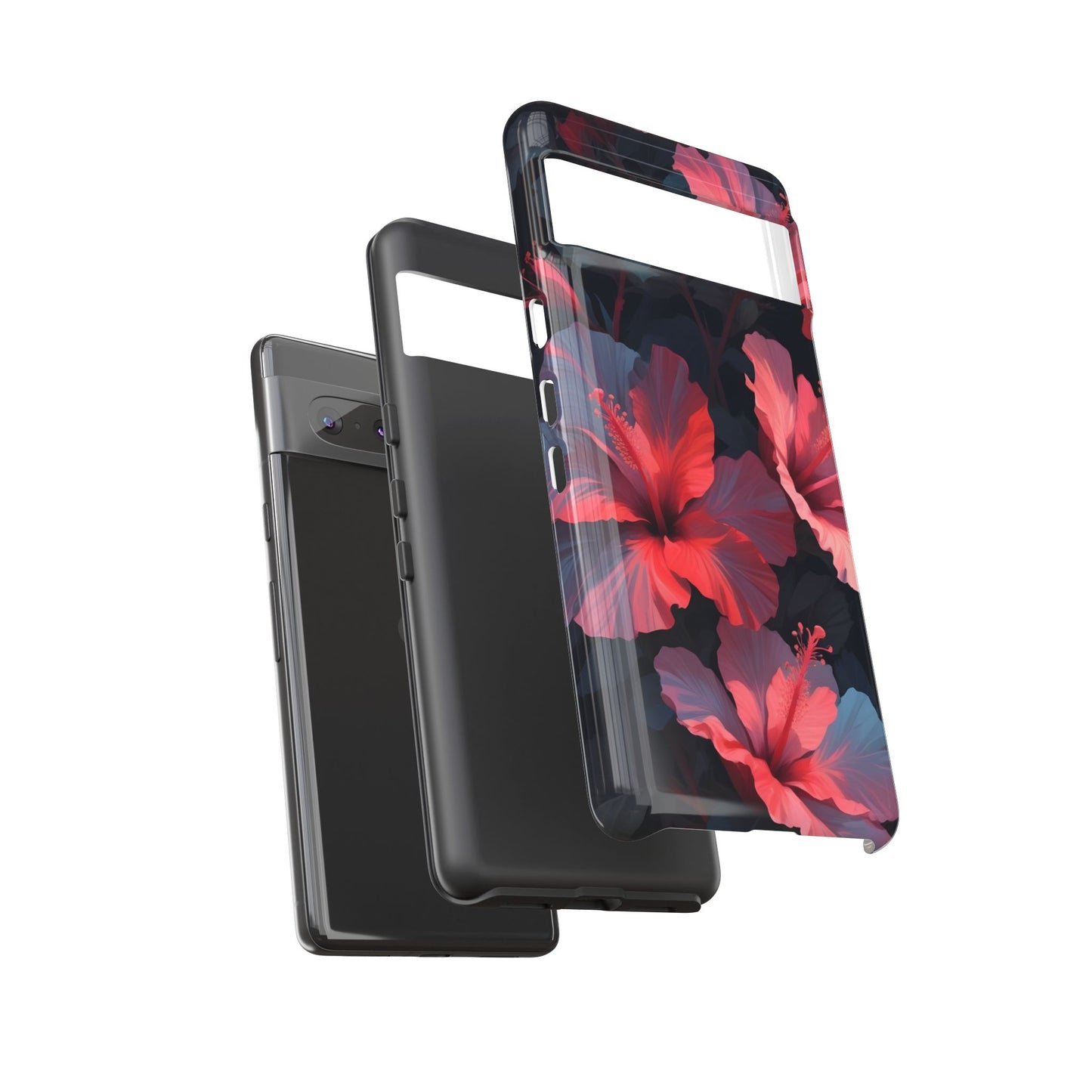 Vibrant red and pink hibiscus flowers blooming against a dark background| Floral phone case design