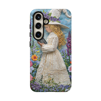 Whimsical Embroidery Of A Girl Reading In A Garden phone case design.