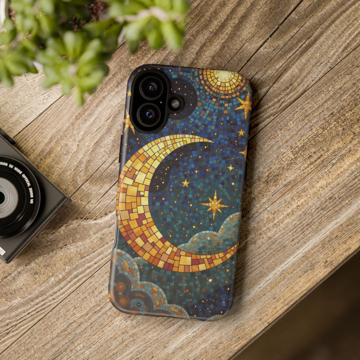 Golden Crescent: Mosaic Moon and Starry Night