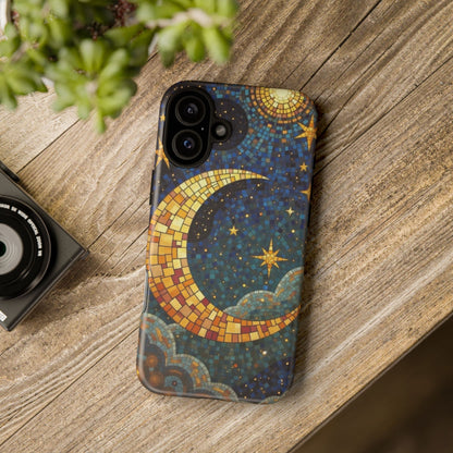 Golden Crescent: Mosaic Moon and Starry Night