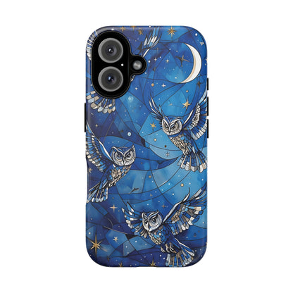 Surrealistic Owls Soaring Through A Celestial Night Sky phone case design.