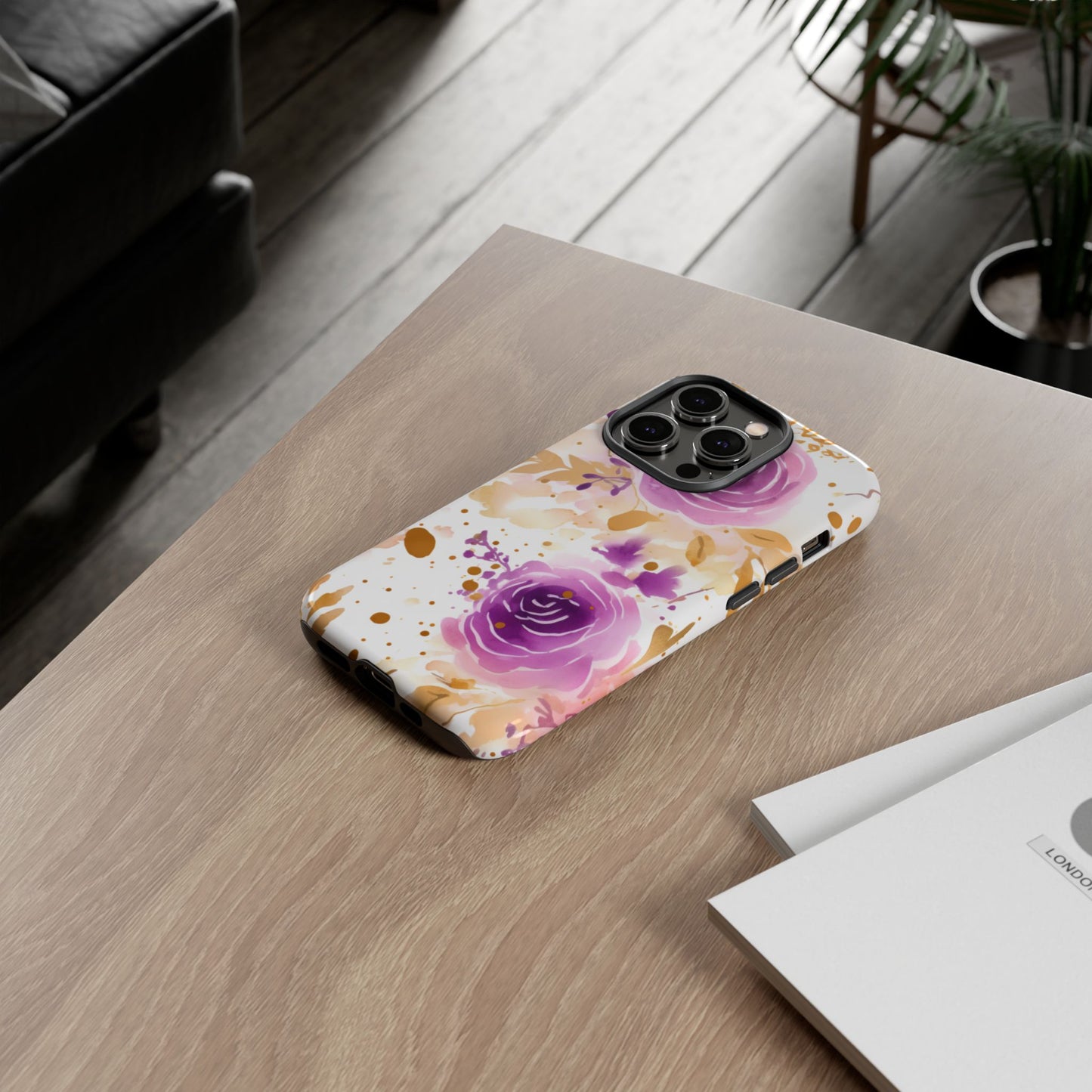 Purple Bloom Watercolor Mobile Case – Artistic Elegance in Gold & Lilac