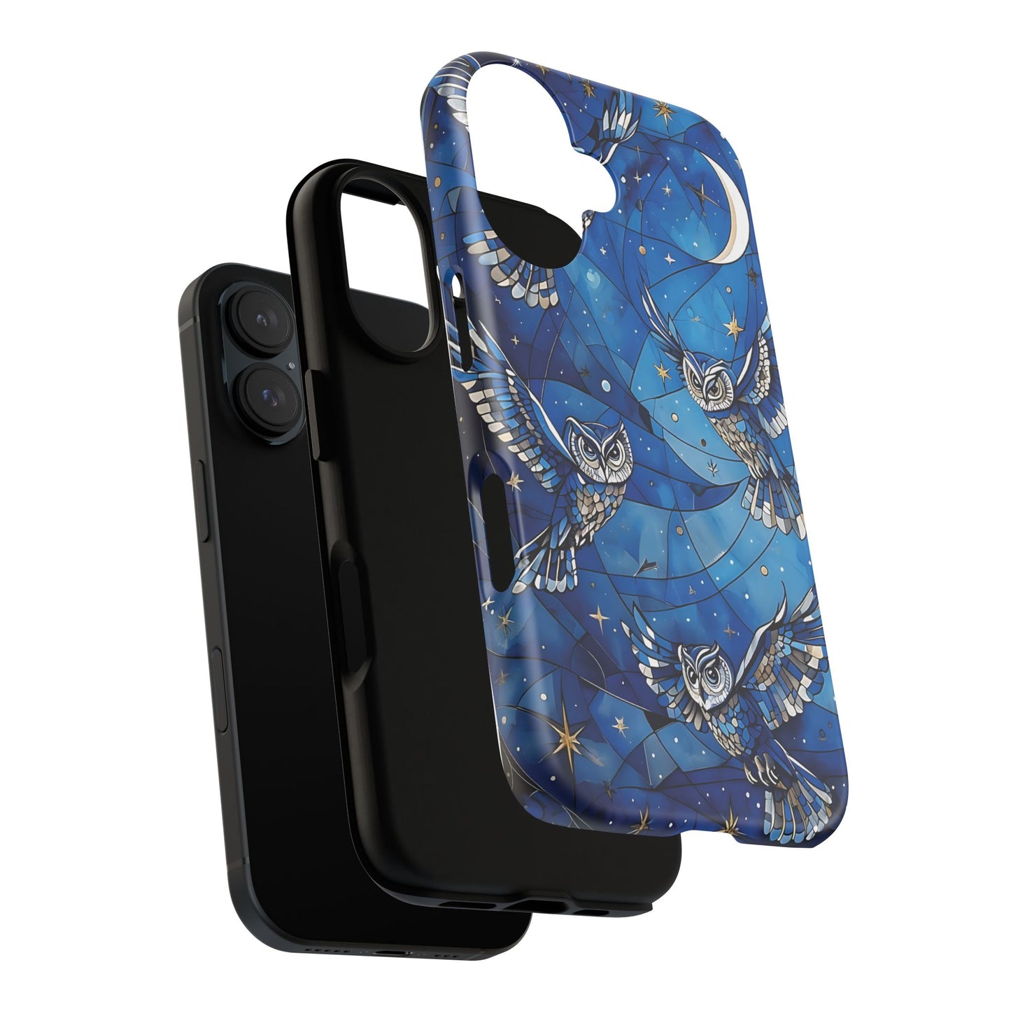 Surrealistic Owls Soaring Through A Celestial Night Sky phone case design.