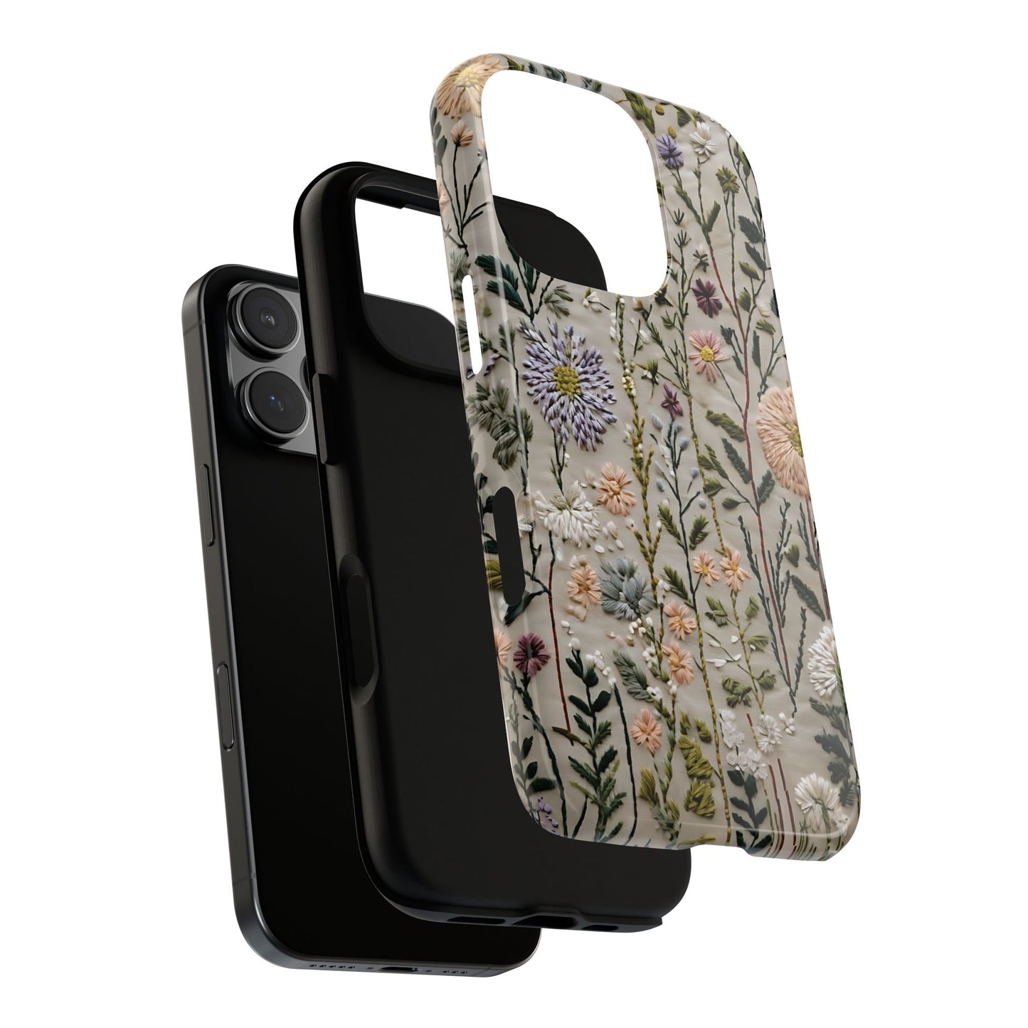 Intricate Embroidery Artwork Featuring Botanical Elements On Beige phone case design.