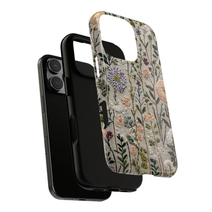 Intricate Embroidery Artwork Featuring Botanical Elements On Beige phone case design.