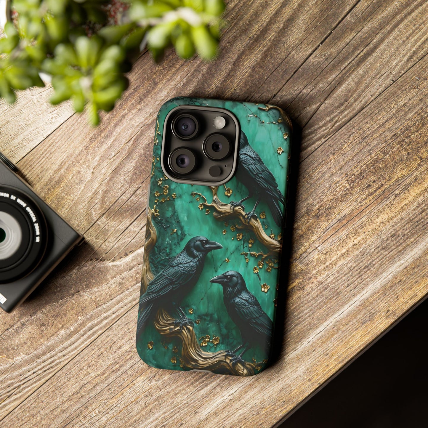 Three Black Ravens Perched On Gold-Accent Branches phone case design