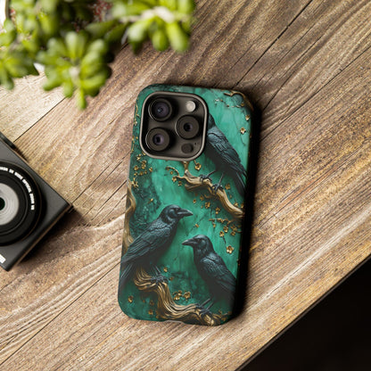 Three Black Ravens Perched On Gold-Accent Branches phone case design