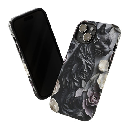 Intricate Bas-Relief Sculpture Of Black Cat Among Flowers phone case design