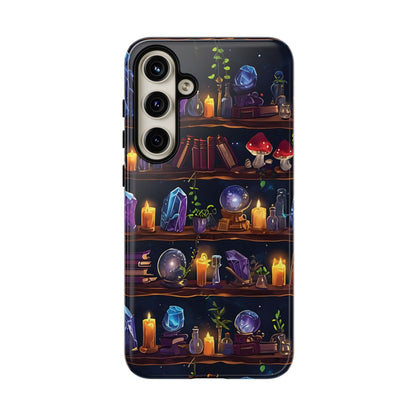 Fantasy Seamless Pattern Of Wooden Shelves Filled With Mystical Items phone case design.