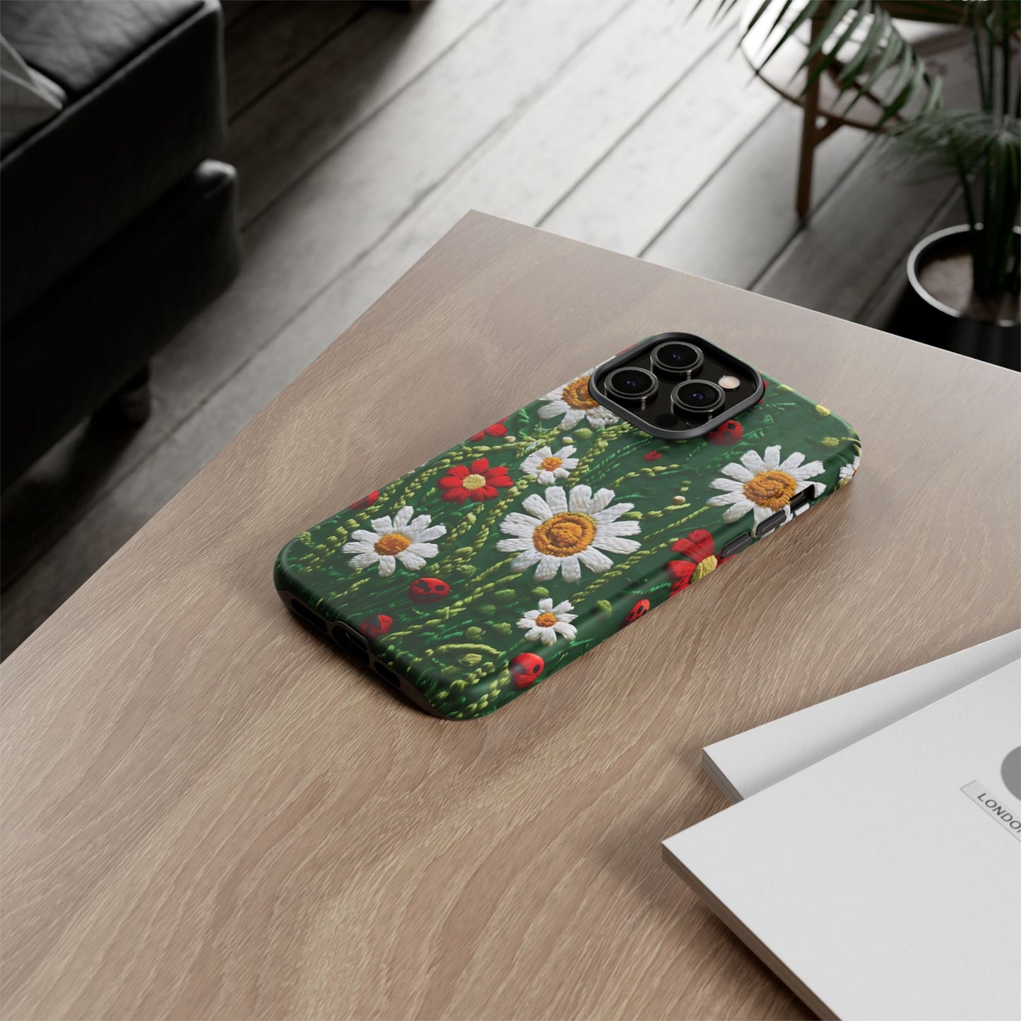 Knitted Pattern With Diamonds And Festive Motifs On Navy phone case design.