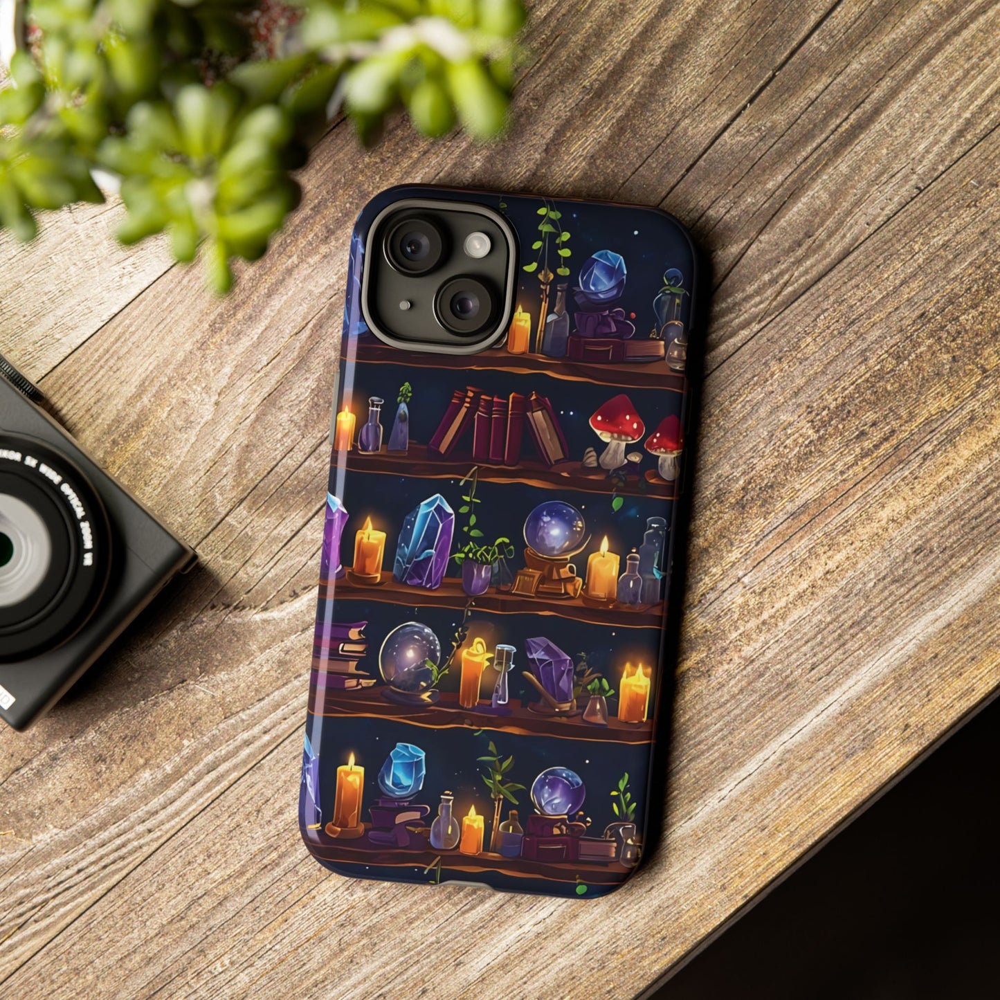 Fantasy Seamless Pattern Of Wooden Shelves Filled With Mystical Items phone case design.