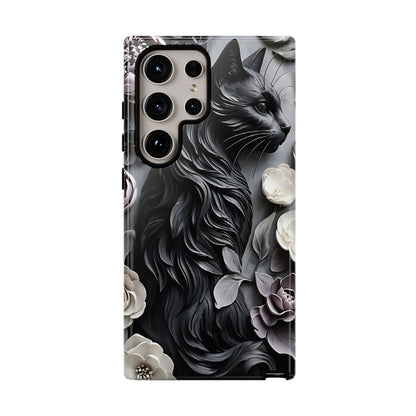 Intricate Bas-Relief Sculpture Of Black Cat Among Flowers phone case design