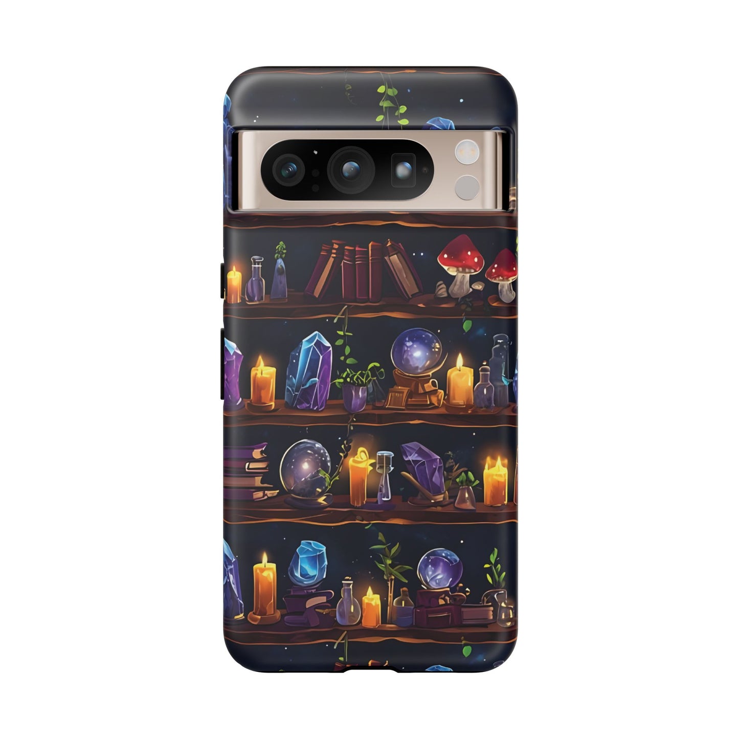 Fantasy Seamless Pattern Of Wooden Shelves Filled With Mystical Items phone case design.