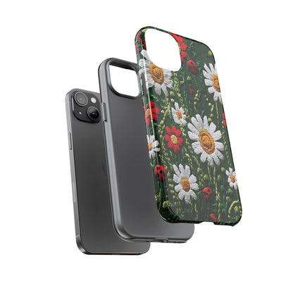 Intricate Embroidered Fabric Featuring Daisies And Ladybugs phone case design