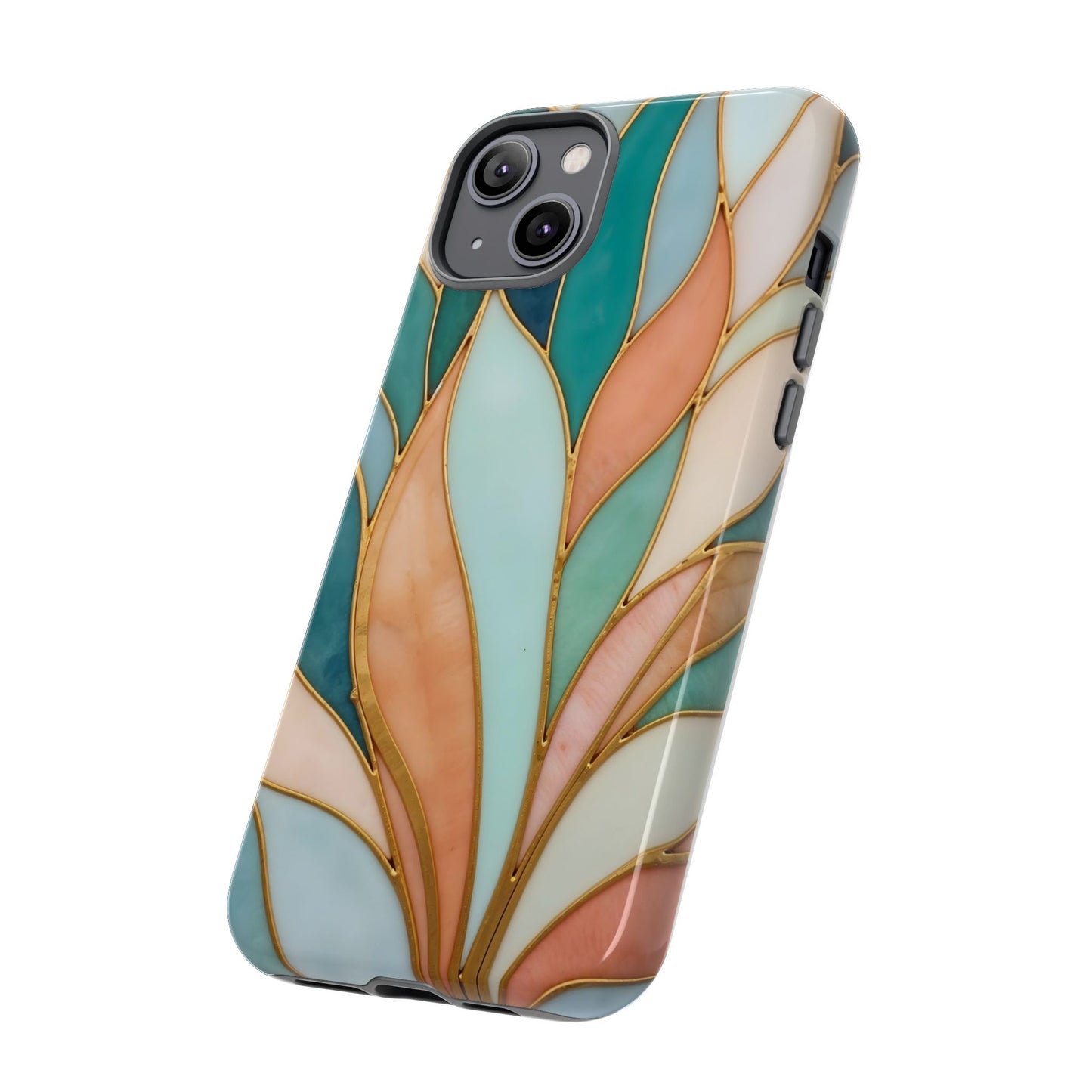 Geometric Leaves: Teal, Peach, and Gold Harmony