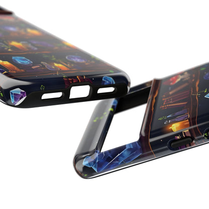 Fantasy Seamless Pattern Of Wooden Shelves Filled With Mystical Items phone case design.