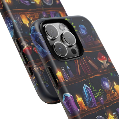 Fantasy Seamless Pattern Of Wooden Shelves Filled With Mystical Items phone case design.