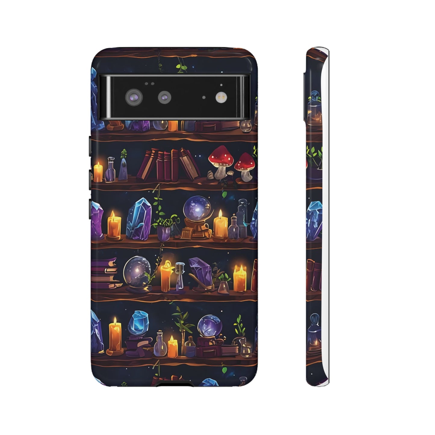 Fantasy Seamless Pattern Of Wooden Shelves Filled With Mystical Items phone case design.