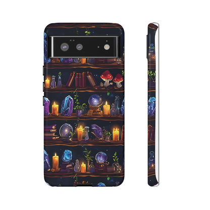 Fantasy Seamless Pattern Of Wooden Shelves Filled With Mystical Items phone case design.