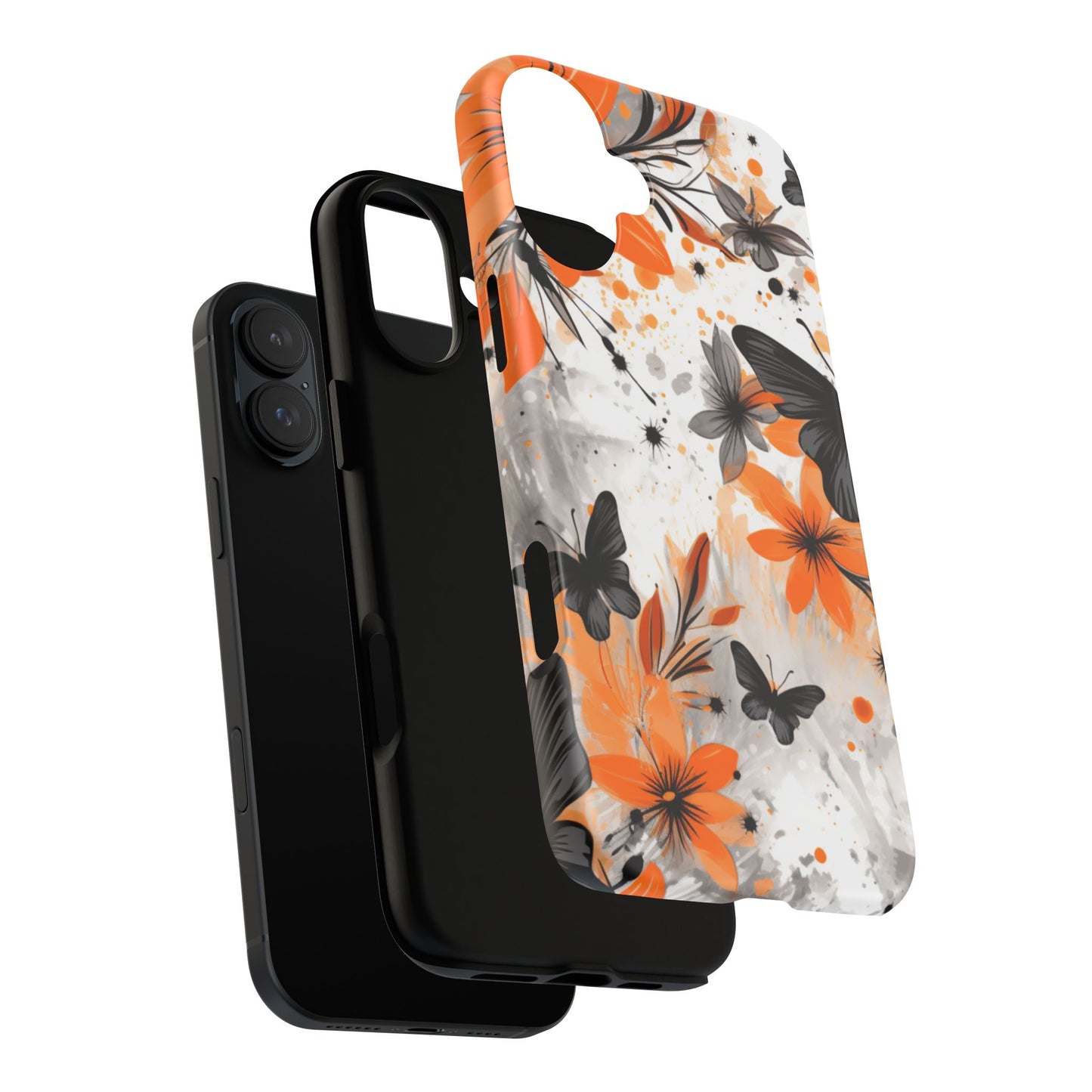 Bold Butterfly & Floral Splash Mobile Cover – Black & Orange Aesthetic