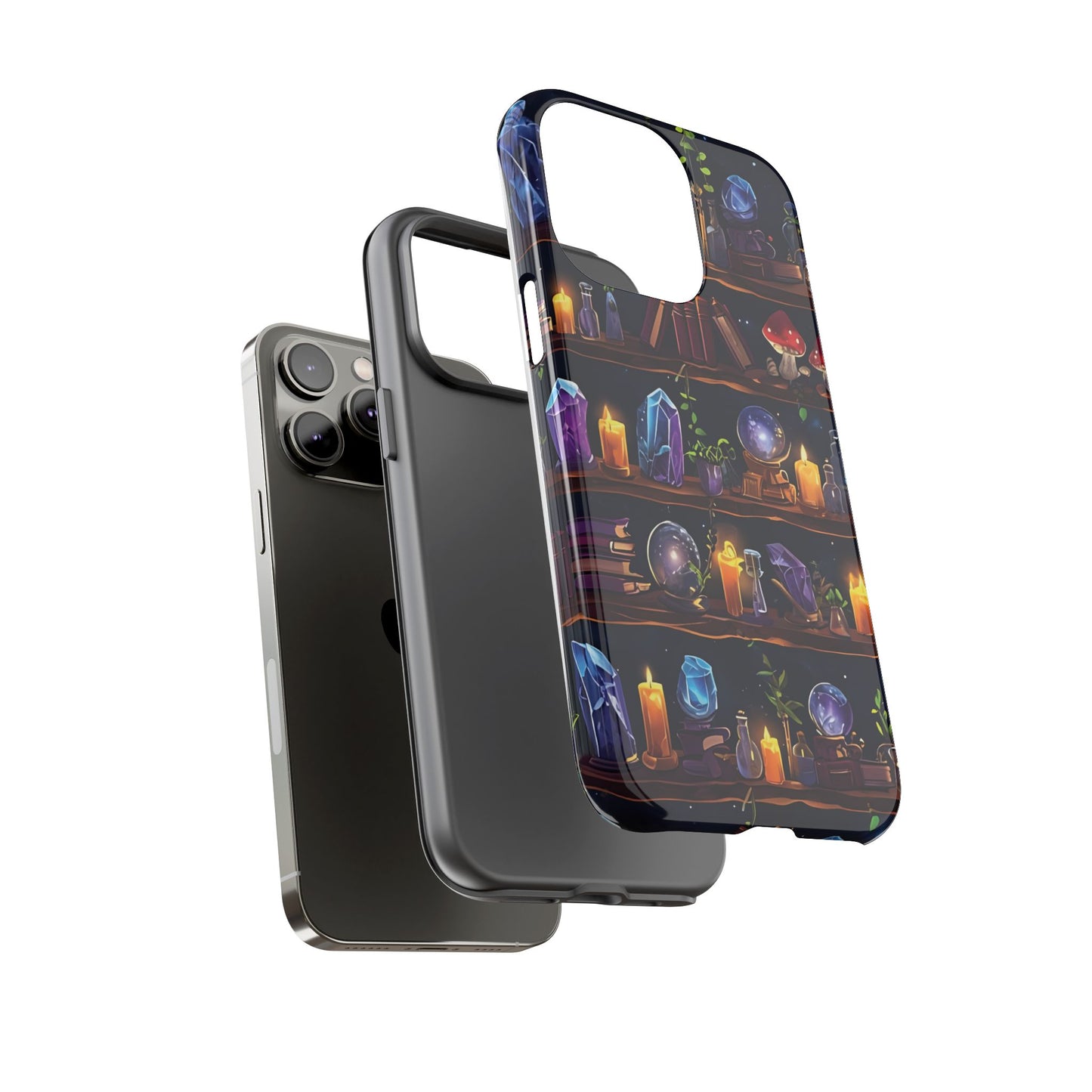 Fantasy Seamless Pattern Of Wooden Shelves Filled With Mystical Items phone case design.