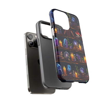 Fantasy Seamless Pattern Of Wooden Shelves Filled With Mystical Items phone case design.
