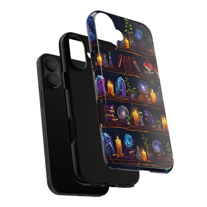 Fantasy Seamless Pattern Of Wooden Shelves Filled With Mystical Items phone case design.