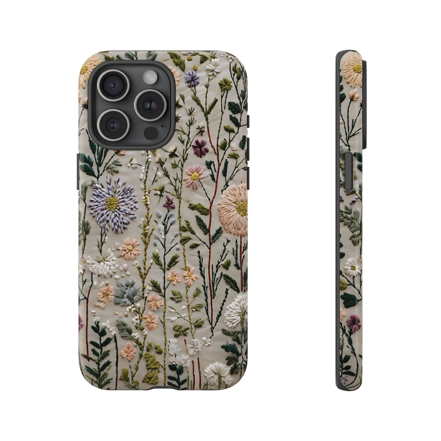 Intricate Embroidery Artwork Featuring Botanical Elements On Beige phone case design.